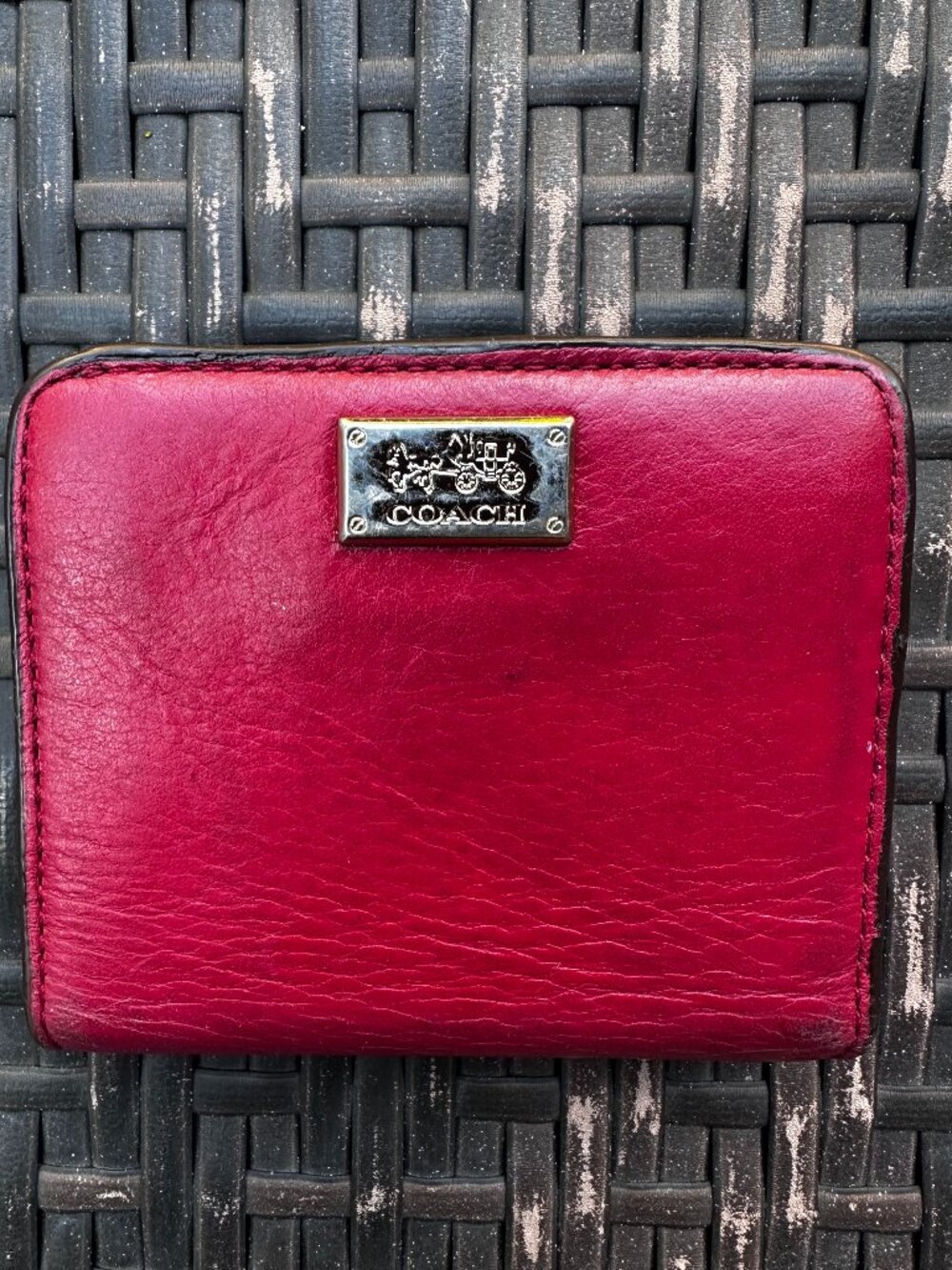 Coach Red Leather ID Wallet Card Holder Coin Purse Key Clip Zip Pocket